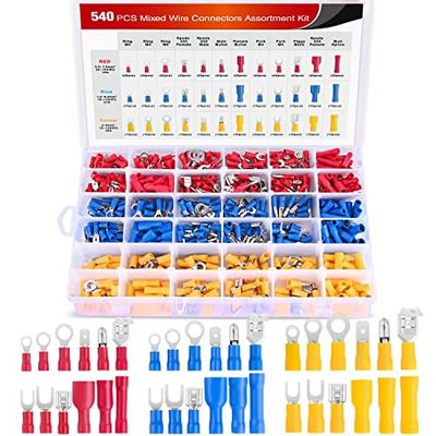 Nilight Kit Di 540 Terminali a Crimpare Misti Assortiti, a Sgancio Rapido, Senza Saldatura, Isolati, a Forcella, a Occhiello, a Innesto, a Puntale e a Proiettile, 22-16/16-14/12-10 Awg