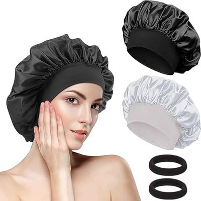 Pack of 2 Satin Hair Caps for Night, Silk Hood for Sleeping with Soft Comfort, Breathable Sleep Cap for Curls and Smooth Hair, Extra Wide Waistband (Black/Silver + 2 Hair Bobbles)