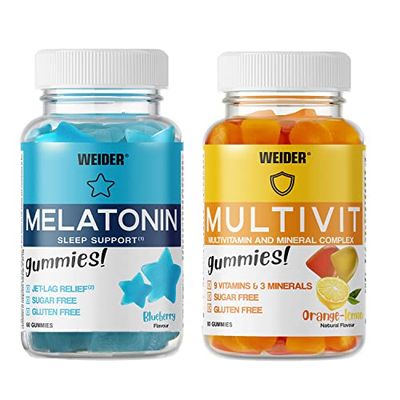 Weider PACK Melatonin + Multivit Gummies (60+80 Caramelle Gommose) Sapore di Mirtillo e di Limone&Arancia. Carammelle gommose con 1 mg di Melatonina per dose + Caramelle Gommose di Vitamine e Minerali