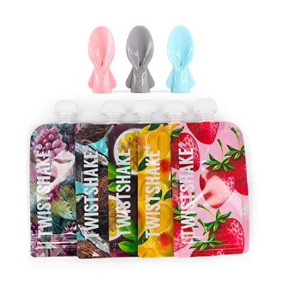 Twistshake 5x Bolsas Reutilizables de Comida Para Bebé 220ml + 3x Cucharas Para Bolsas De Comida | Con Doble Cierre | Bolsas y Cucharas Sin BPA