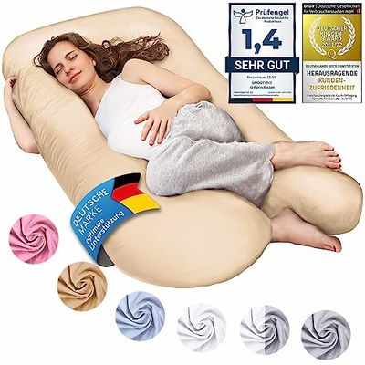 Almohadas de embarazo, almohadas para dormir de lado, almohadas de posicionamiento, almohadas para bebés y para lactancia en forma de U, funda lavable 100% algodón (Junior XL, 120 x 70 cm, Beige)