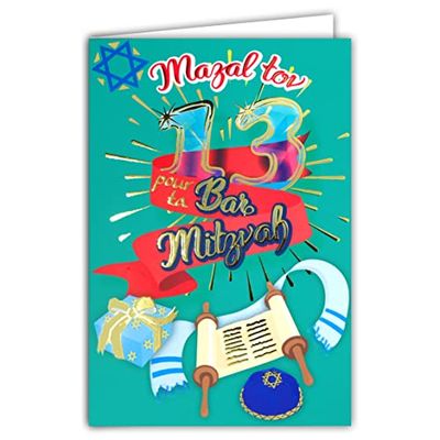 68-8001 Carta Mazal tov per il tuo BAR MITZVAH 13 anni Compleanno Ragazzo Ebreo Teen Maggioranza Religiosa Festa Regalo Torah Talit con Doratura Oro Lucido e Busta Bianca Formato 17,5x12cm AFIE