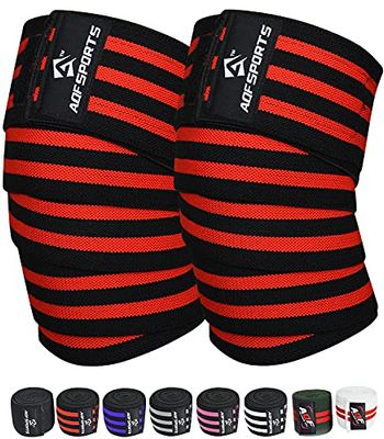 AQF Knee Wraps Weight Lifting Bandage Heavy Duty Elasticated Support Straps Guard Powerlifting, Squatting (Zwart/Rood)