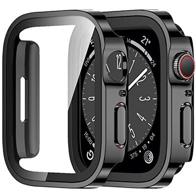 Amizee 2 stuks beschermhoes compatibel met Apple Watch Series 9 Series 8 Series 7 41 mm met schermbescherming, ultradun, hard hoesje, krasbestendig, gehard glas, beschermhoes voor iWatch 41 mm (zwart)