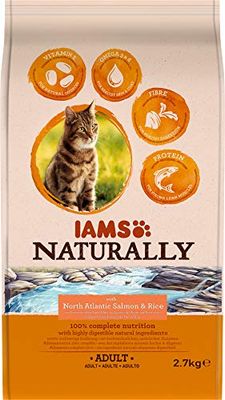 Iams Naturally Kat zalm (droogvoer voor volwassen katten met Noord-datlantische zalm en rijst), 1 zak van 2,7 kg