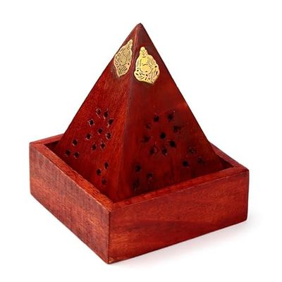 Brightium Brûleur d'encens en Bois pour cônes en Forme de Pyramide sculptée et Figurine de Bouddha, idéal pour la décoration des espaces