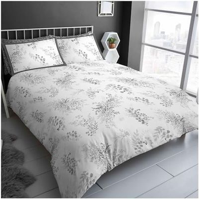 GC GAVENO CAVAILIA Parure de lit Simple en Polycoton réversible - Lavable en Machine (1 Housse de Couette + 1 taie d'oreiller) - Motif Feuille - Gris