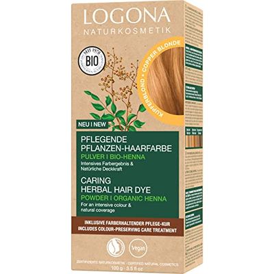 LOGONA Naturkosmetik Colorante vegetale per capelli in polvere vegana con henné biologico per colori intensi e lucentezza, colore per capelli vegetali biondo rame (biondo), 1 x 100 g