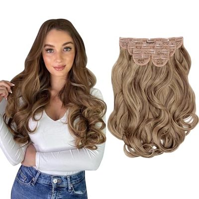 Lullabellz Super Thick Blow Dry Wavy Clip In Hair Extensions 5-Piece, 22-Inch Length, Mellow Brown