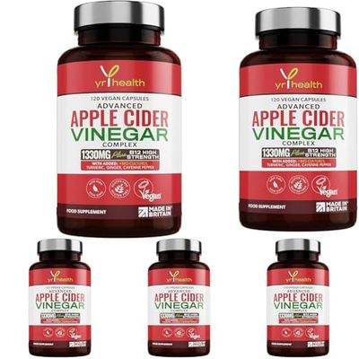 Apple Cider Vinegar Capsules Max Strength with Cayenne Pepper, Bio-Cultures, Turmeric, Ginger, Vitamin B12, 1330mg, 120 Vegan Keto ACV from Apples with Mother, UK Made by YrHealth (Pack of 5)