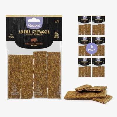 Record Snack Premium per Cani Anima Selvaggia Gusto Cinghiale, Made in Italy. Strisce di Carne per cani essiccate al forno. Snack 100% naturali, confezione da 6 sacchetti da 75g