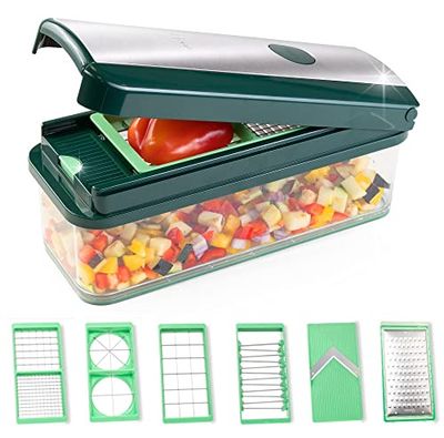 Genius Nicer Dicer Exclusive 15-Piece Vegetable Cutter Set with Tomato Cutter, Coarse Grater & Slicer, Green Stainless Steel Body & Blades, 2500 ml Collection Container
