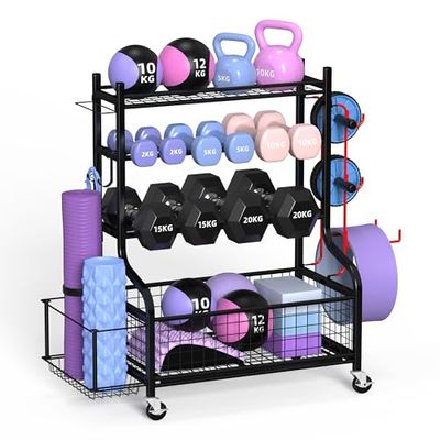 ZACHVO halterstandaard, dumbbells, rek met 4 etages voor thuis, gym met wiel en 8 haken, 160 kg draagvermogen, korte halters, opbergrek voor dumbbells en yogabal, blok, mat, riem, rol