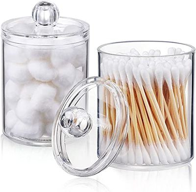 AOZITA Lot de 2 distributeurs de cotons-tiges pour boules de coton, cotons-tiges, tampons ronds, fil dentaire – Pot d'apothicaire en plastique transparent de 283,5 g pour salle de bain, organisateur