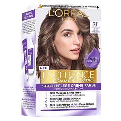 L'Oréal Paris Permanent Hair Colour with Ultra Cool Colour 100% Grey Coverage Set with Colouration, Shampoo and Conditioner, Excellence Cool Creme 7.11 Ultra Ash Blonde (Blond)