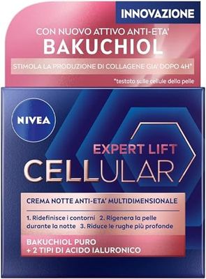 NIVEA CELLULAR EXPERT LIFT Crema Notte Anti-età Multidimensionale 50 ml, Crema viso notte con Bakuchiol Puro e 2 tipi di Acido Ialuronico, Crema antirughe da notte