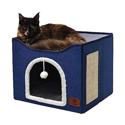 Elevon Camas para Gatos de Interior, casa Plegable para Gatos Adecuada para Todas Las Estaciones, apartamento de Cubo para Gatos con Tabla para rascar y cojín Reversible, Adecuada para Mascotas