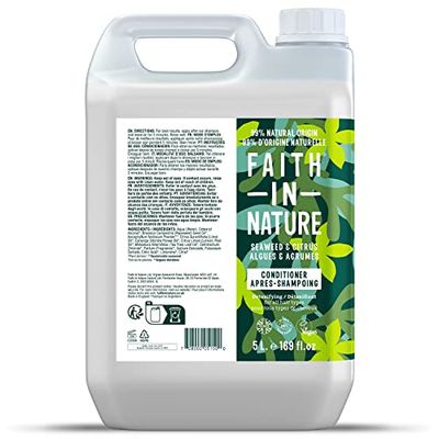 Après-shampooing Naturel aux Algues & Agrumes Faith In Nature, Détoxifiant, Vegan & Cruelty Free, Sans Parabènes & SLES, Pour Tout Type de Cheveux, Recharge de 5L