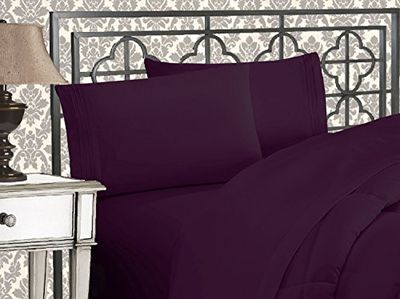 Elegant Comfort Luxueux qualité égyptienne 1500 Fils/cm² Parure de lit Douce 4 pièces brodée, résistante aux Plis et à la décoloration, Soie, Violet Aubergine, Queen Size