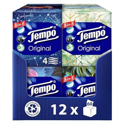 Tempo Caixa de lenços originais, Megapack, 12 caixas, 60 toalhitas por caixa, lenços de papel extra fortes e macios, laváveis na máquina