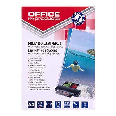 OFFICE PRODUCTS Fogli Plastificatrice A4 / 2 x 100 Micron/Confezione da 100 pezzi/Pouches per plastificazione per documenti/Finitura Lucida/Foglio di Laminazione