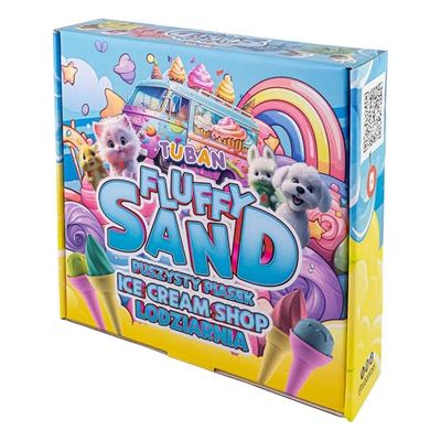 TUBAN Zestaw Fluffy Sand – Lodziarnia 4 x 70 g – Kolory: Zielony, Różowy, Żółty, Niebieski – 4 Foremki – Łyżka do Lodów – Zabawa Piasek dla Dzieci – Lekki
