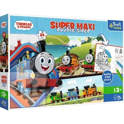 Trefl Primo - Thomas & Friends, Tom och Vänner - 3 i 1: Pussel med 24 Stora Element, Målarbok, Färgläggningsspel med Färgelement, Färgläggningspussel med Sagofigurer, roligt för barn från 3 år