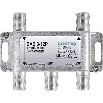 Axing BAB 3-12P 3-voudige aftakking 12dB kabeltelevisie CATV Multimedia DVB-T2 Klasse A+, 10dB, 5-1218 MHz metaal