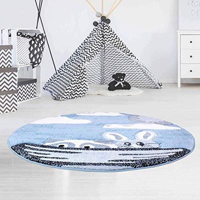 carpet city Alfombra Infantil Bueno de Pelo Plano, Corte Contorneado con Animales, Conejo, Mapache, Barco en Azul, para habitación Infantil, tamaño: 120 cm x 120 cm