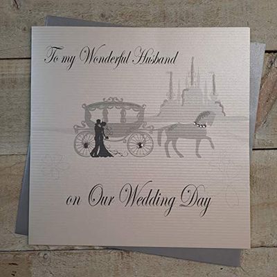 Białe bawełniane kartki 'To My Wonderful Husband Day', ręcznie robione duże kartki ślubne (konie i powóz)