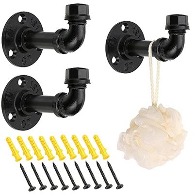 TOCYORIC Sumnacon 3 Pcs Industrial Pipe Coat Hook Racks - Heavy Duty Rustic Clothes Towel Holder Hanger, Wall Mounted with Hardware for Home, Office, Electroplated Black Finish