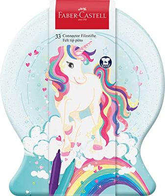 Faber-Castell 155544 - Connector Unicorn viltstiftenset, 33-delige metalen doos sneeuwbol, uitwasbaar, kleurset voor kinderen
