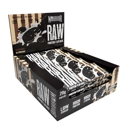 Warrior Raw Protein Flapjacks – 12 Bars x 75g Each – Packed with 20g of Protein – Low Sugar, High in Fibre (Cookies & Cream)
