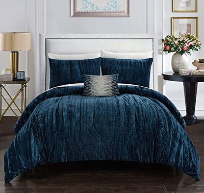Chic Home Westmont 4-delat täckeset skrynkligt krossad sammet sängkläder - dekorativa kuddar ingår, mikrofiber, marinblå, king
