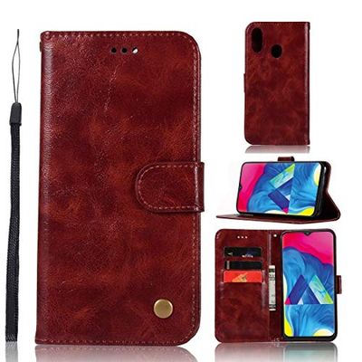 Carcasa de telefono for la galaxia M20 de cobre retro de la hebilla de caballo loco horizontal de la PU del tirón de cuero del caso con el sostenedor y ranuras for tarjetas y monedero y la cuerda de s
