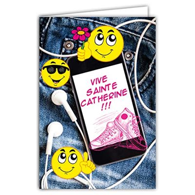 Afie 67-1076-A ROSE Carte Vive Sainte Catherine 25 Novembre pour Jeune Fille Adolescente Smileys Jaunes émoticônes Téléphone Portable Musique Baskets Jeans - Avec Enveloppe Blanche