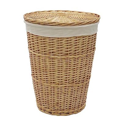 JVL Panier à linge rond en acacia tressé à la main avec couvercle, finition miel