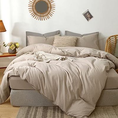 MOOMEE Juego de Ropa de Cama 100% algodón Lavado Similar al Lino, Textura, Transpirable, Duradero, Suave, cómodo (Taupe, King Size)