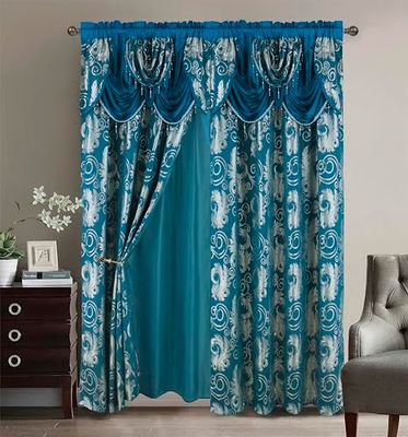 Golden Rugs Jacquard Luxury Curtain Window Panel Set with Attached Valance and Backing Bedroom Living Room Dining 110X84 inches Each Jana Collection, Turquoise Silver