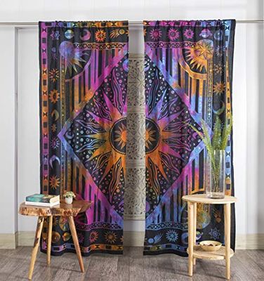 Popular Handicrafts Indian Burning Sun Hippie Mandala Window Curtains - Gypsy Tye Dye Bohemian Sun Moon Beautiful Drapery Bedroom Living Room Balcony Valance Panels Purple