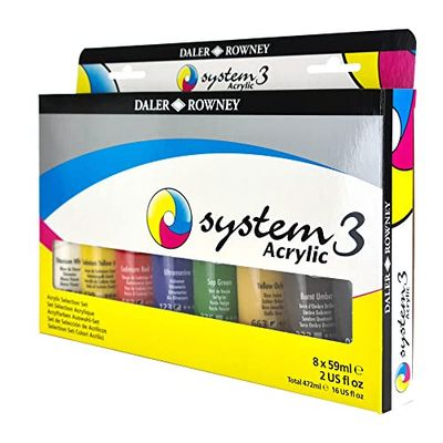 Daler-Rowney System3 59ml acrylverf selectieset, 8 x diverse levendige kleuren, multi-oppervlak, ideaal voor professionele kunstenaars en studenten