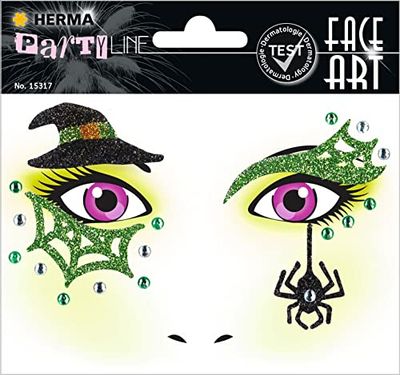 HERMA 15317 Face Art Sticker Heks, dermatologisch getest, verwijderbare glitter gezichtsstickers, tijdelijke tatoeages voor carnaval, Halloween, festival, kinderen, verjaardag, groen