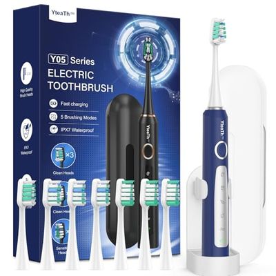 Spazzolino Elettrico Sonico per Uomo - Spazzolino Denti Sonico Adulti con 8 Testine e Custodia da Viaggio, 5 Modalità, Impermeabile IPX7, Spazzolino Elettrico da Viaggio Ricaricabile, Blu