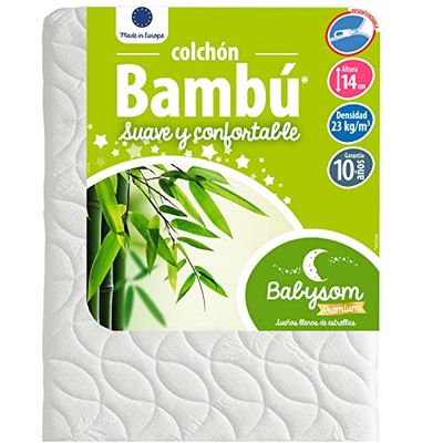Babysom - Colchón Cuna Bebé Bambú - 70x140 cm - Natural - Altura 14 cm - Antiácaros - Antiasfixia - Transpirable - Reglaje Térmico - Desenfundable