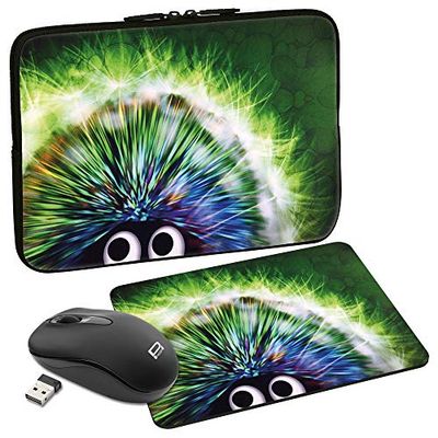 PEDEA Green Hedgehog Design Protective Case for Laptop up to 15.6 Inches with Mouse Pad and Wireless Mouse