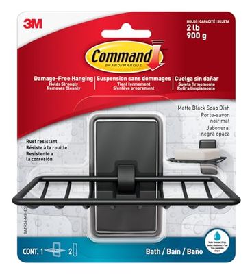 Command Jabonera de Baño de Pared - 1 Jabonera Negra Mate + 2 Tiras Adhesivas Resistente al Agua - Bandeja de jabón para Ducha, Baño, Fregadero - Instalación Fácil sin Dañar Paredes, sin Taladro
