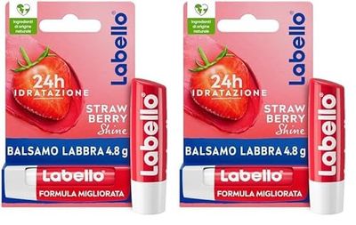 Labello Strawberry Shine Burrocacao labbra 4.8 g, Balsamo labbra colorato e nutriente all'aroma di fragola, Lip balm idratante per 24 ore con ingredienti naturali (Confezione da 2)