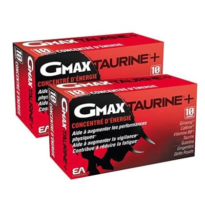 EAFIT| GMAX Taurine | Aide à augmenter les performances physiques | Réduit la fatigue + Augmente la concentration | 400 mg de Taurine, 500 mg de Ginseng, 417 mg de Guarana | 2 Boîtes de 30 Ampoules