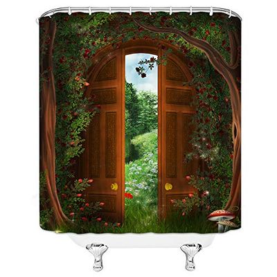 jingjiji Green Forest Shower Curtain Fantasy Garden Wooden Door Garden Tree House Fairy Tale World Natural Scenery Bathroom Decoration Curtains Polyester Fabric with Hook 70 X 70 Inch Green Brown