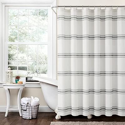 Lush Decor Farmhouse Stripe Cotton Shower Curtain, 72" W x 72" L, Dark Gray - Classic Modern Rustic Charm Bathroom Decor